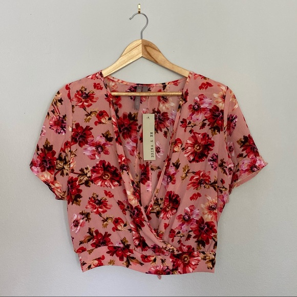 Tops - Brina & Em Pink Floral Cropped Open Tie Back Top